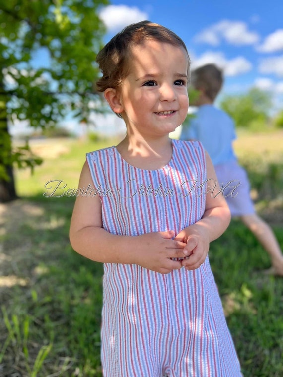 Personalized Patriotic Seersucker Jon Jon, Red, White,Blue Seersucker Shortall, Fully Lined, Patriotic Shortall, 4th of July Jon Jon