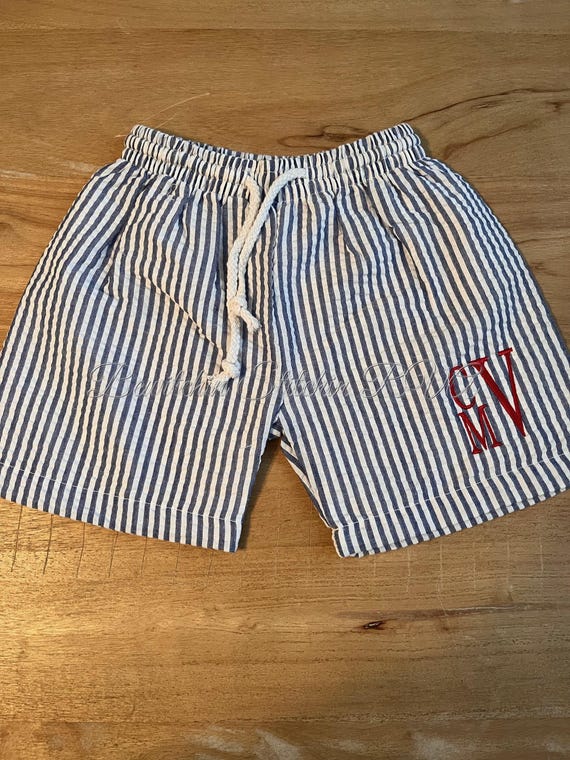 Monogrammed Swim Trunks, Swimsuit, Seersucker, Baby, Toddler, Boys, Red, Light Blue, Green, Navy, Ready to Ship