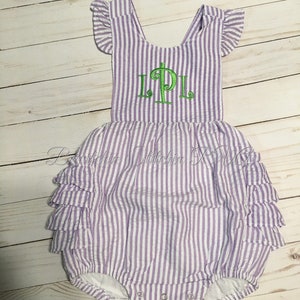Personalized Lavender Ruffled Sunsuit, Seersucker Romper, Fully Lined Sunsuit, Baby, Toddler, Pink, Lavender, Aqua, SHIPS FREE