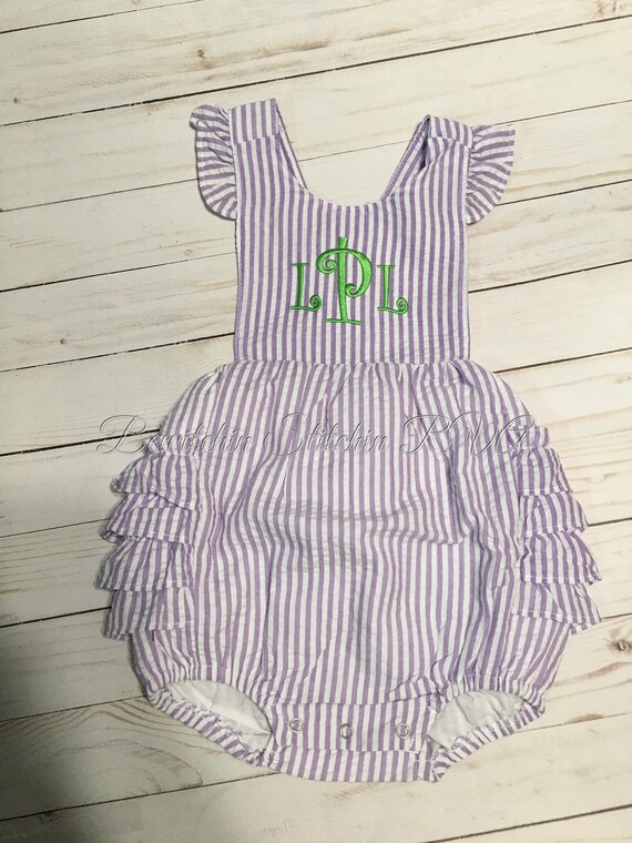 Personalized Lavender Ruffled Sunsuit, Seersucker Romper, Fully Lined Sunsuit, Baby, Toddler, Pink, Lavender, Aqua, SHIPS FREE