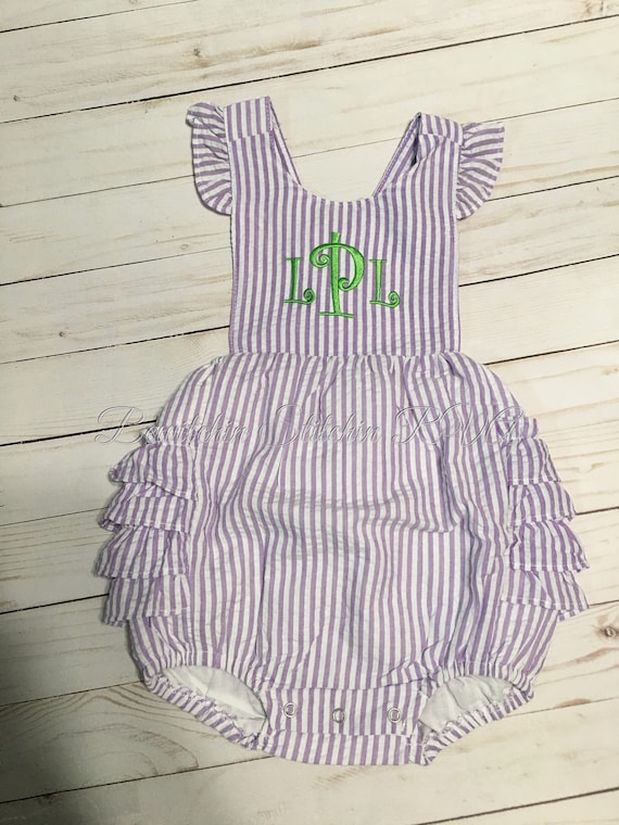 Personalized Lavender Ruffled Sunsuit, Seersucker Romper, Fully Lined Sunsuit, Baby, Toddler, Pink, Lavender, Aqua, SHIPS FREE