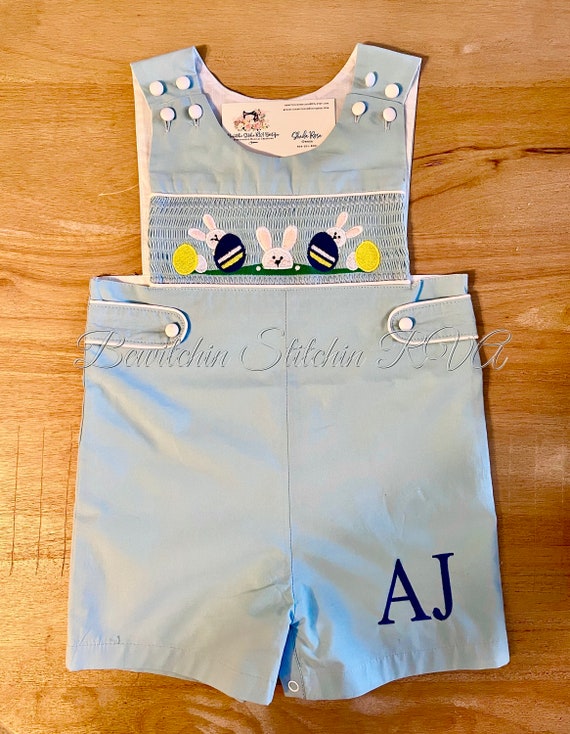 Personalized Smocked Embroidered Easter Bunny Shortall, Easter Bunny Jon Jon, Smocked Blue Easter Shortall, Smocked Easter Overall