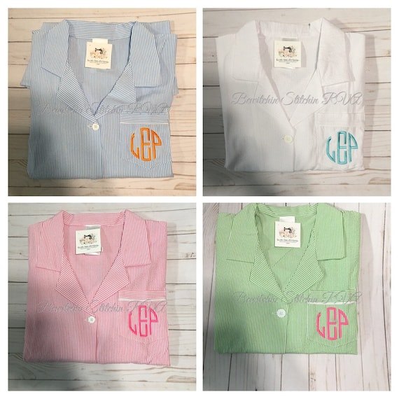 Personalized Pink Seersucker Sleep Shirt, Bridesmaid Night Shirt, Seersucker Loungewear, Ladies Night Shirt, FREE Shipping