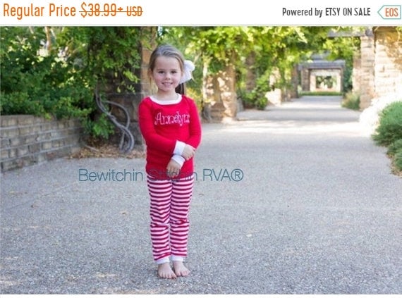 Personalized Child Pajamas,  Girls Pajamas, Unisex Pajamas, Boys Pajamas, Red and White Stripe, CLEARANCE