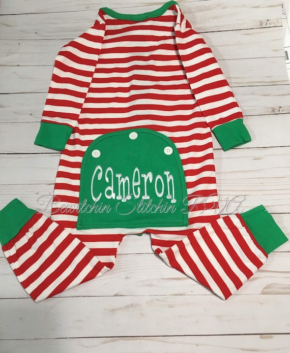 Personalized Faux Butt Flap Striped Christmas Pajamas, Unisex PJs,Union Suit Pajamas, Christmas Pajamas,Snug Fit w Tapered Legs w Cuffs