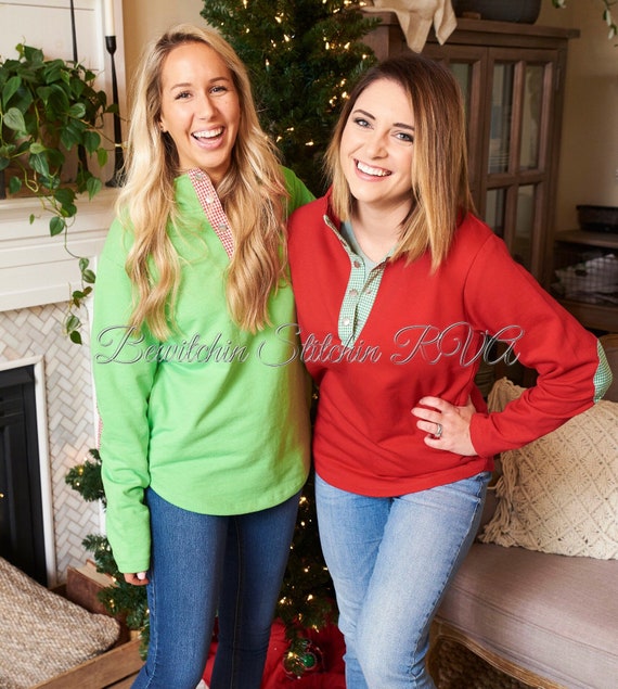 Personalized Ladies Christmas Red or Green Quarter Snap Pullover Knit Top,  Red Pullover, Women’s Elf Green Pullover, Gingham Trim