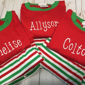 Adult Christmas Pajamas, Personalized Christmas Pajamas, Unisex Christmas Pajamas, Red/Green/White Stripe, Candy Cane Stripes image 1