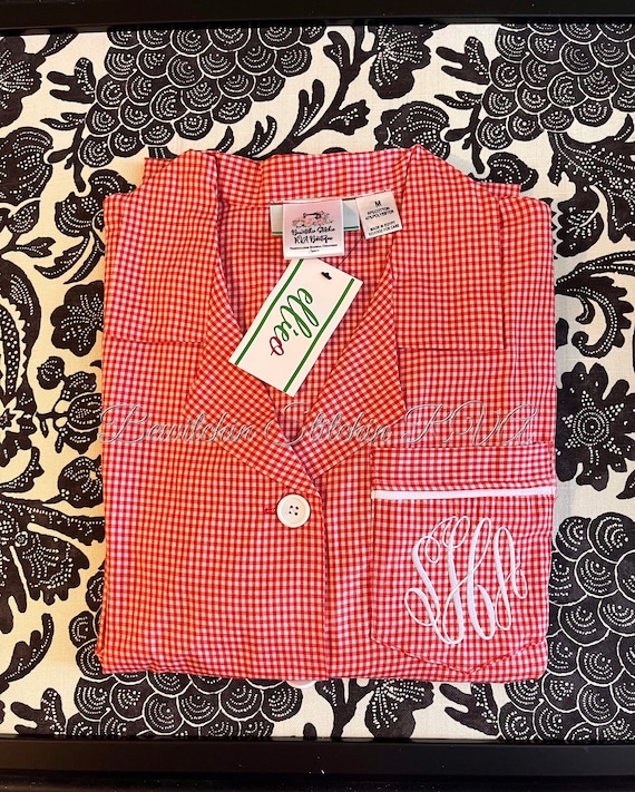 Monogrammed Ladies Red Gingham Night Shirt, CHRISTMAS Night Shirt, Gingham Loungewear, Ladies Night Shirt, EllieO Brand, CLEARANCE