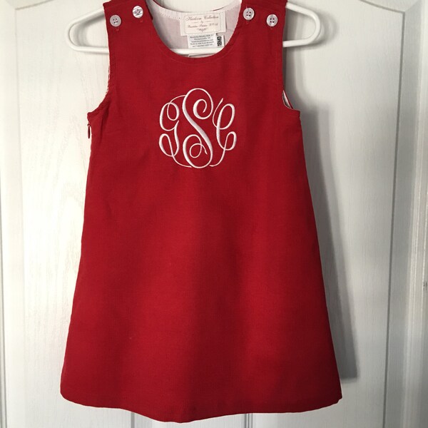 Monogrammed Red Jumper Dress, Christmas Dress, Corduroy, Fully Lined, toddlers, girls, navy, green, brown, Personalized, Ships Free