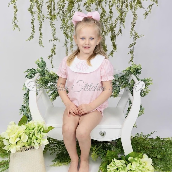 Personalized Pink Cotton Bishop Collar Bubble, Pink Seersucker Bubble, Monogrammed Baby Bubble