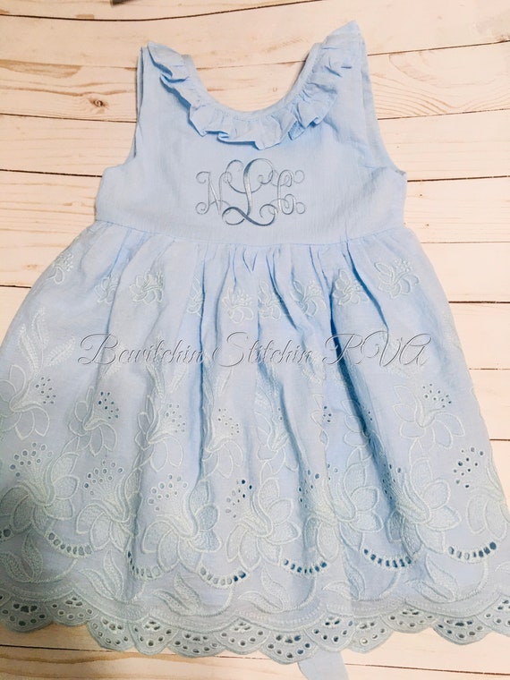 Personalized Blue Eyelet Easter Dress, Girls Blue Eyelet Dress, Toddler Blue Eyelet Dress, Eyelet Dress, Monogrammed Blue Eyelet Dress