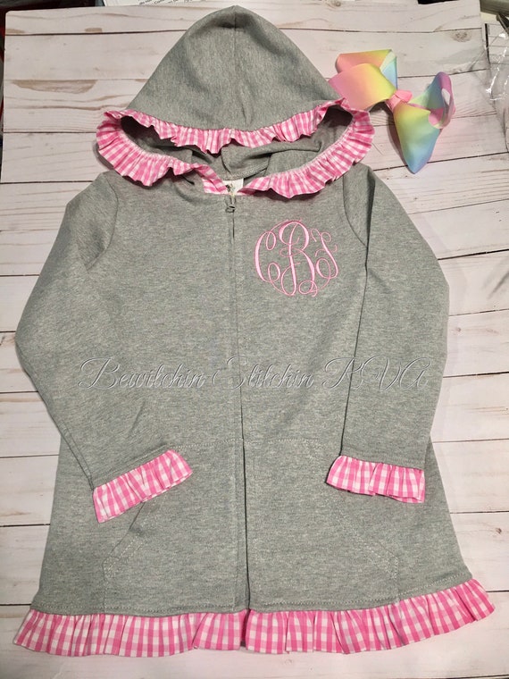 Personalized Baby Zip Front Hooded Jacket, Cotton Knit Ruffled Hooded Jacket,  Hooded Jacket with Ruffled Gingham Trim