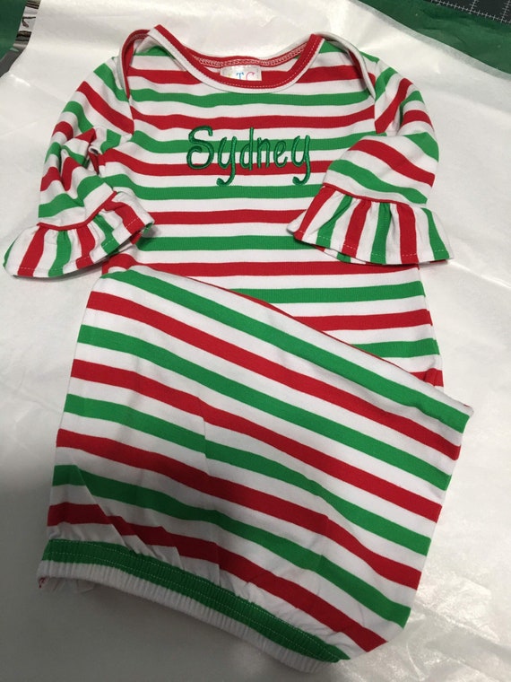 Personalized Girls Christmas Infant Gown and Matching Hat Set, Striped Christmas Sack Gown, Buffalo Check Baby Gown, FREE HAT