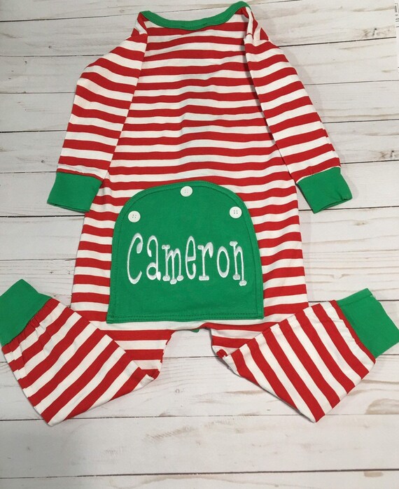 Faux Bumm Flap Monogrammed Christmas Pajamas, Striped Unisex Christmas PJs, Union Suit Pajamas, Snug Fit w Tapered Legs w Cuffs