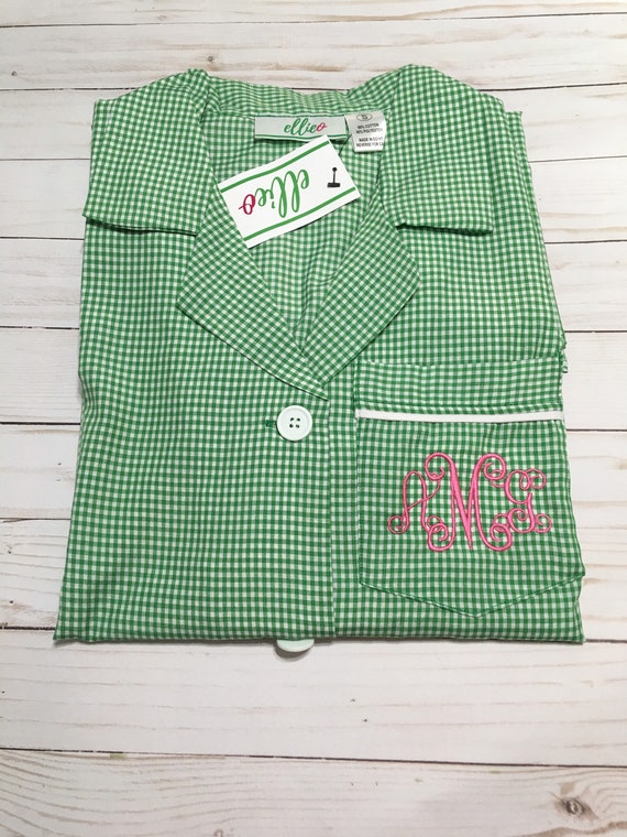 Monogammed Ladies Green Gingham Night Shirt, CHRISTMAS  Night Shirt, Gingham Loungewear, Ladies Night Shirt, EllieO Brand, CLEARANCE