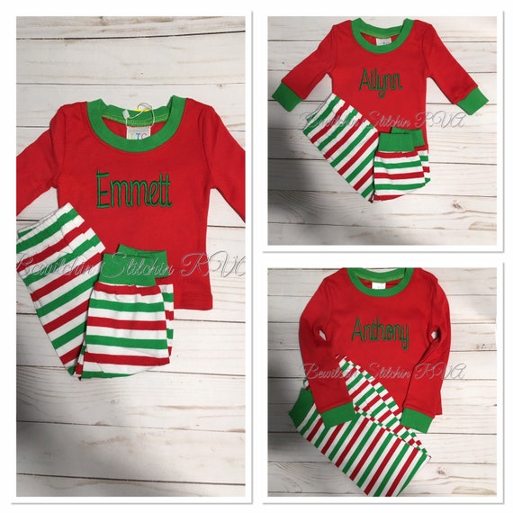 Christmas Pajamas, Kids Christmas Pajamas, Personalized Christmas Pajamas, Boys Pajamas, Red/Green/White Stripes