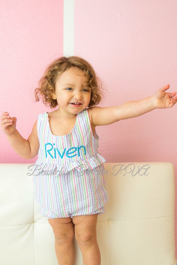 Personalized Seersucker Rainbow Stripe Ruffled Sunsuit Romper, Baby Romper, Toddler Romper, Multi Pastel Stripe