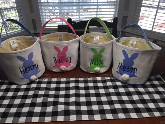 Easter Bunny Puff Tail Basket, Personalized, Easter Bucket, Easter Tote, Purple, Pink, Green, Blue, EMBROIDERED, NOT VINYL