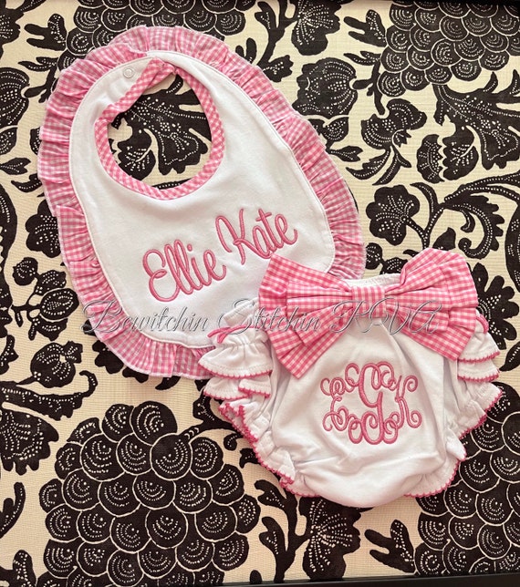Personalized Pink Gingham Trim Baby Bloomers and Bib Set, Pink Gingham Bow Diaper Cover and Ruffled Pink Gingham Trim Bib Set