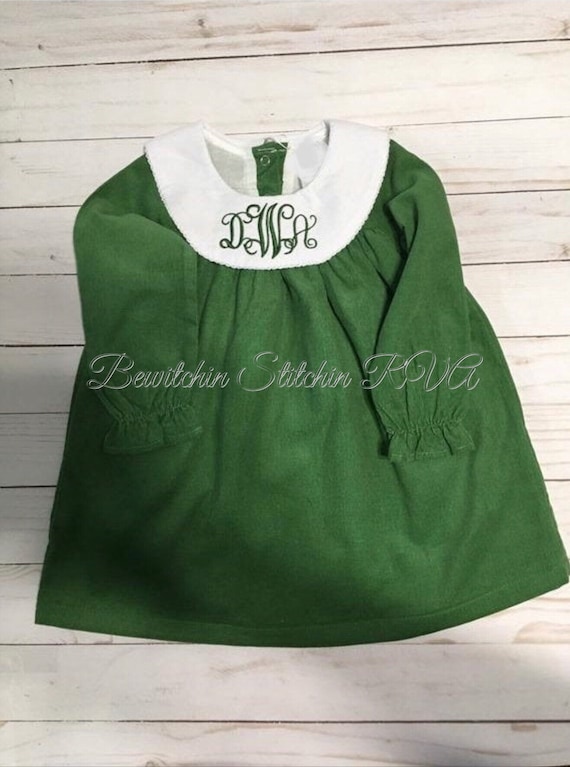 Monogrammed Corduroy Bishop Dress, Knee Length Dress, Girls Green Christmas Dress, Toddler Bishop Dress, Baby Christmas Dress, Ships Free