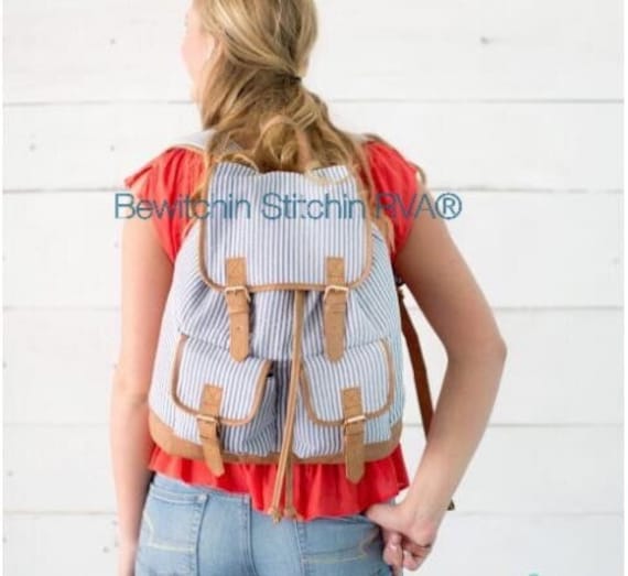 Peronalized Seersucker Backpack, Campus Backpack, Seersucker Backpack, Blue Seersucker Backpack, Large Backpack
