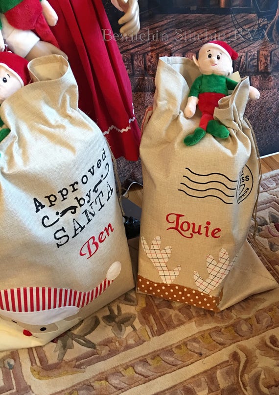 Personalized Santa Bag, Santa Present Bag, Santa Bag, Christmas Sack, Reindeer, Santa, Jute/Linen, EMBROIDERED, NOT VINYL