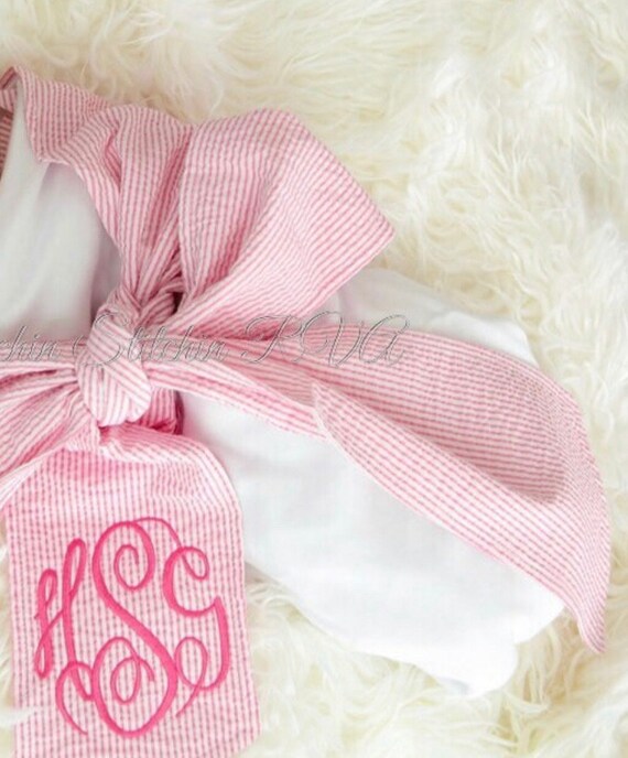 Monogrammed Pink Trim Baby Swaddle Blanket with Seersucker Sash, Seersucker Sash Blanket, Newborn Blanket with Sash, Green, Pink, Blue