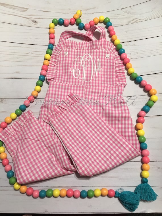 Personalized Pink Gingham Ruffled Longall, Baby Gingham Longall, Toddler Gingham Longall, Monogrammed Gingham Longall