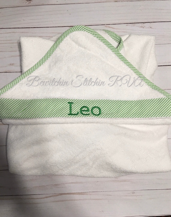 Personalized Hooded Bath Towel, Green Hooded Bath Towel, Seersucker Trimmed Hooded Towel, Baby Hooded Bath Towel, Toddler Hooded Bath Towel