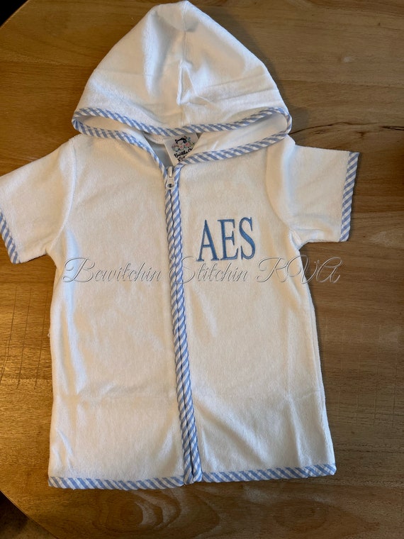 Personalized Swimsuit Cover-Up, Babies, Toddlers, Boys, White, Blue Seersucker Trim, Red Trim, Green Trim, Embroidered, Monogrammed