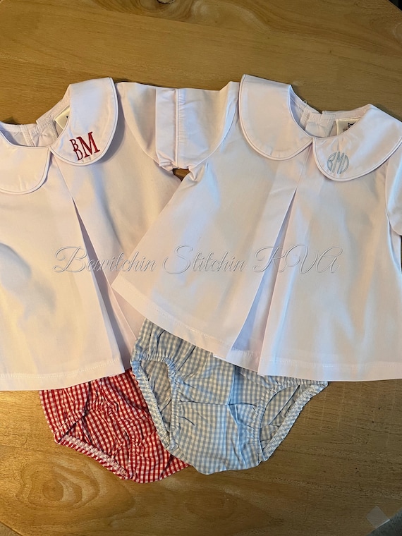 Monogrammed Peter Pan Collar Shirt and Baby Bloomers, Baby Diaper Collar Shirt, Monogrammed Peter Pan Collar Top, Gingham Baby Bloomers