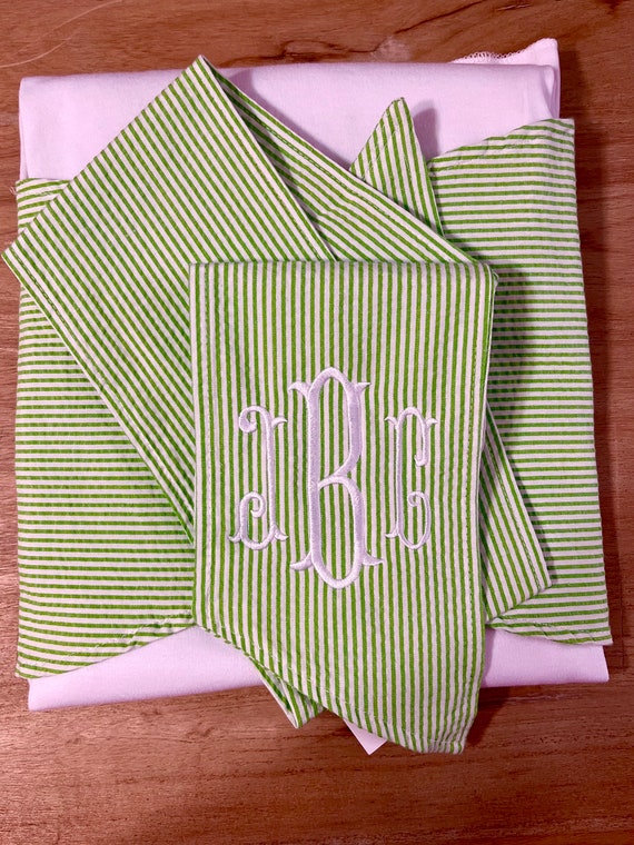 Monogrammed Green Trim Baby Swaddle Blanket with Seersucker Sash, Seersucker Sash Blanket, Newborn Blanket with Sash, Green, Pink, Blue