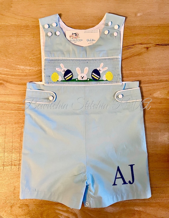 Personalized Smocked Embroidered Easter Jon Jon, Easter Bunny Jon Jon, Smocked Blue Easter Shortall, Smocked Easter Overall