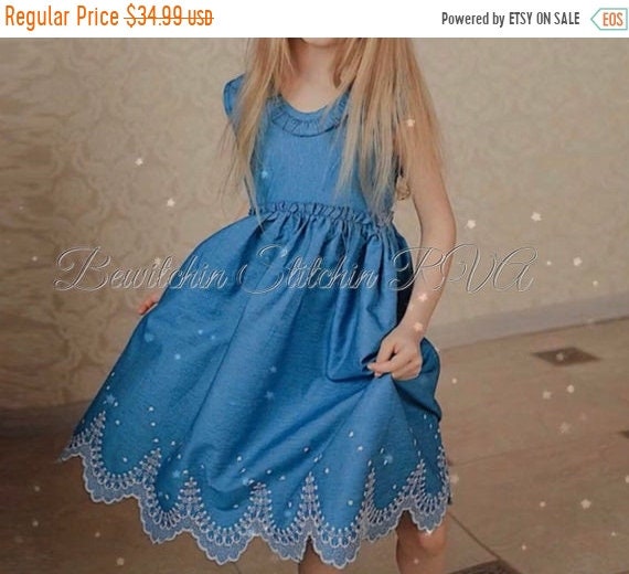 Girls Personalized Blue Dress, Blue Chambray Dress, Embroidered Hem Dress, Monogrammed Dress