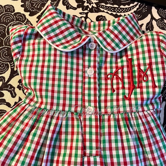 Monogrammed Girls Polyester Gingham Christmas Dress, Christmas Plaid Dress, Christmas Gingham Dress, Clara Style Dress