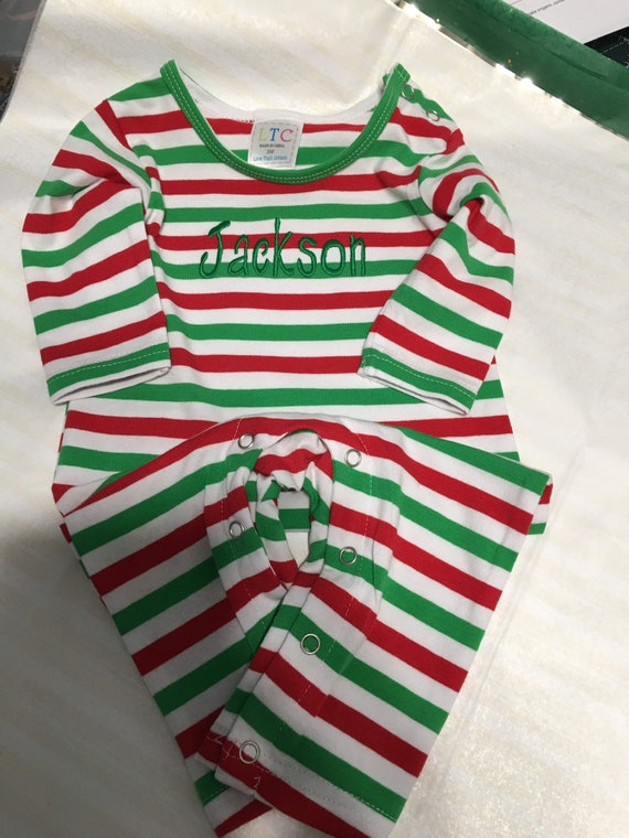 Personalized Unisex Baby Christmas Gown, Christmas Stripe Baby Gown, Buffalo Check Baby Gown, Baby Christmas Sack Gown, FREE HAT