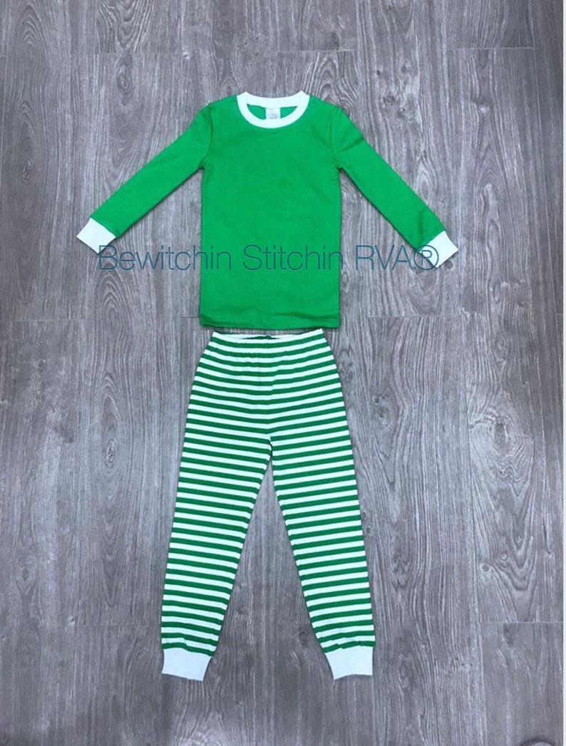 Personalized Child Christmas Pajamas, Kids Christmas Pajamas, Jammies, Girls Pajamas, Boys Pajamas, Green and White Stripe, CLEARANCE image 2