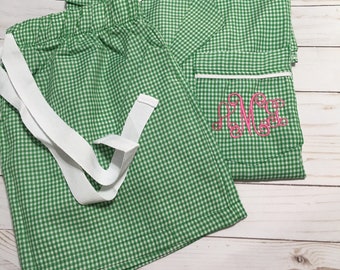 Personalized Ladies Christmas Gingham Pajama Set, Shorts Pajama Set, Women’s Green Gingham Pajama Set, Gingham Lounge Set, CLEARANCE