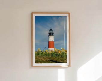 Nantucket-Narzissenfestival-Druck, Sankaty Head Light-Wandkunst, Frühlings-gelbe Narzissen-Foto, Küsten-Leuchtturm von New England ACK Art