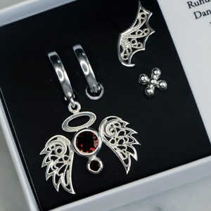 Sterling Silver Angel Earrings Set with Filigree Wings & Garnet Gemstone - Mismatched Set w Huggie Hoops, Cross and Wing Studs, Gift for her