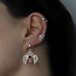 Angel Earring Set Filigree Wings & Gemstone, Mismatched Hoops and Studs, Topaz or Garnet, Sterling Silver Protection Jewelry, Christmas Gift