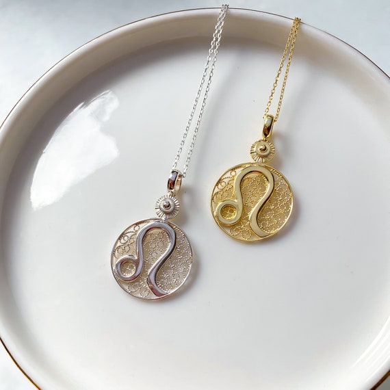 Leo Zodiac Necklace Sign Astrology Pendant Gold Filigree - Gold Leo Pendant Necklace