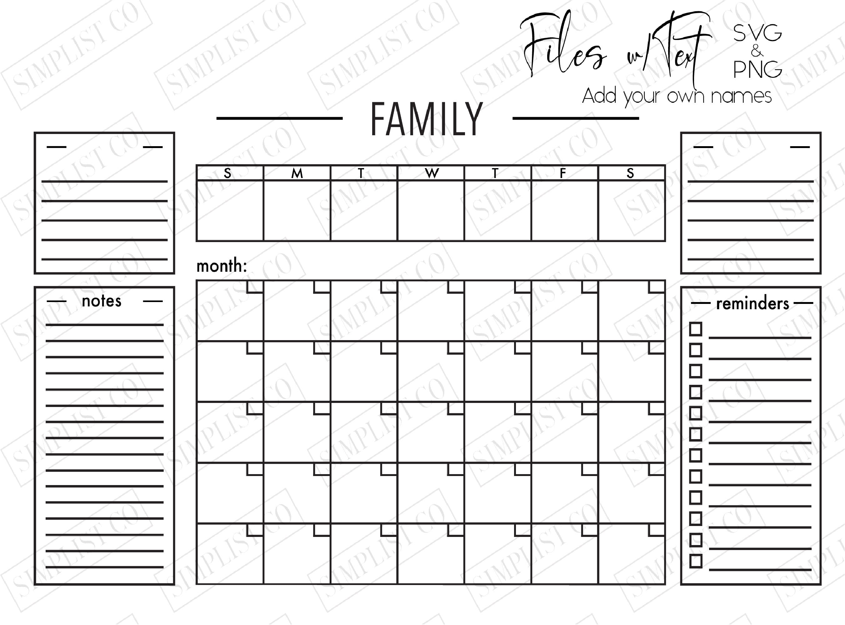 Customizable Family Monthly Calendar 2 Names Cutting File SVG &amp; PNG - Etsy