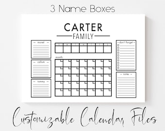 Customizable Monthly Calendar (3 Names) - SVG & PNG - Home/Family Organization