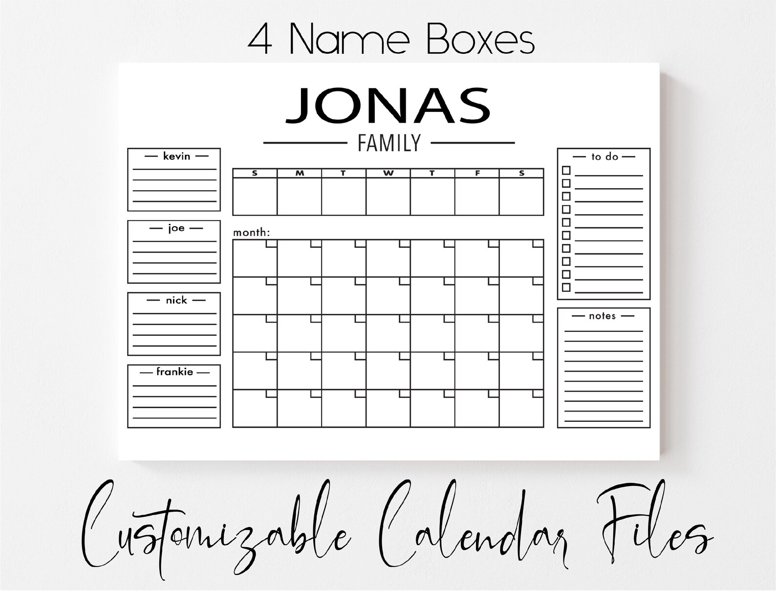Customizable Family Monthly Calendar 4 Names Cutting File SVG & PNG Etsy