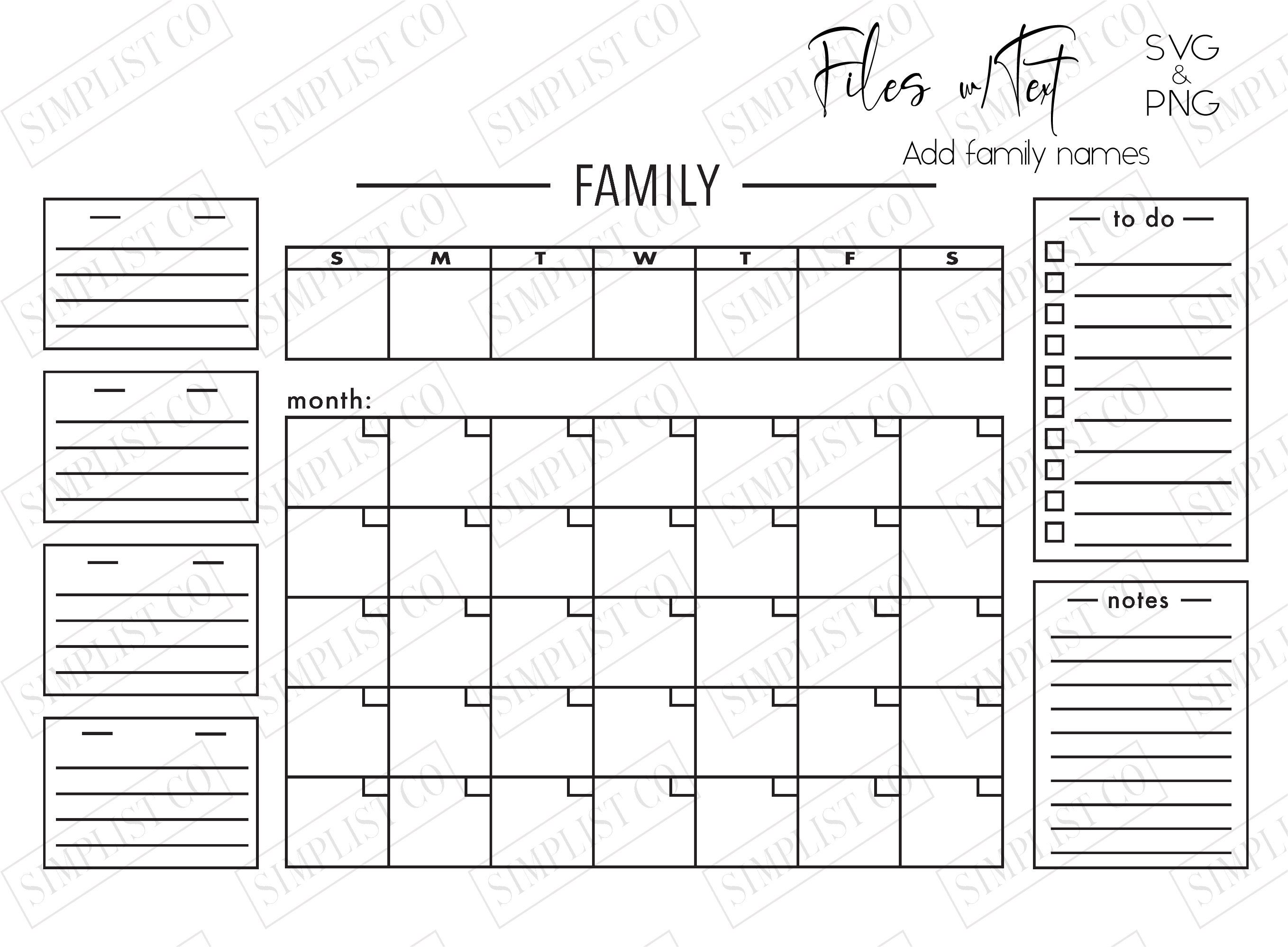 Customizable Family Monthly Calendar (4 Names) - Cutting File - SVG ...