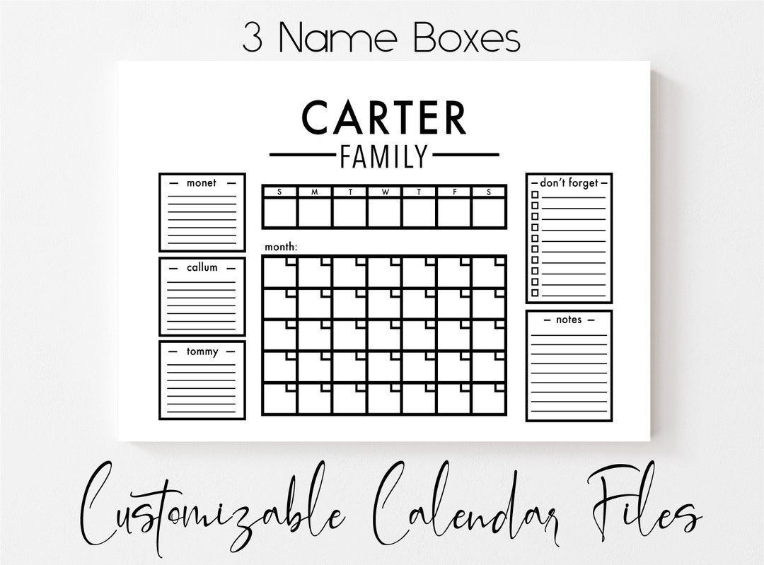 Customizable Family Monthly Calendar (3 Names) - Cutting File - SVG ...