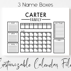 Customizable Family Monthly Calendar (3 Names) - Cutting File - SVG & PNG