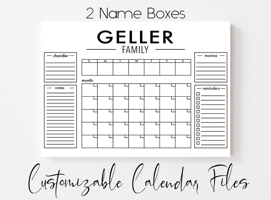 Customizable Family Monthly Calendar (2 Names) - Cutting File - SVG ...