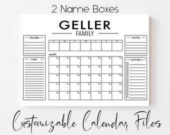 Customizable Family Monthly Calendar (2 Names) - Cutting File - SVG & PNG